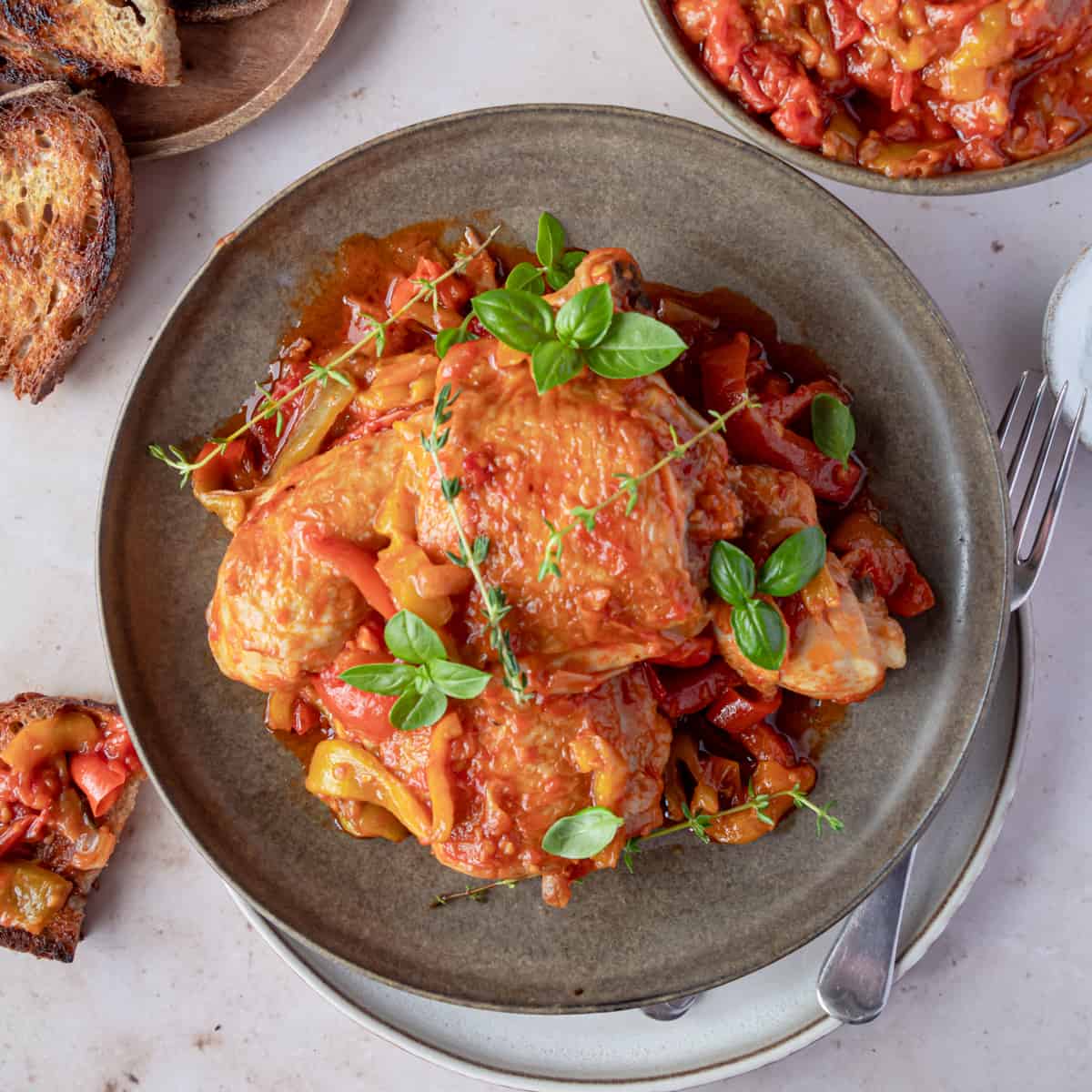 one-pot italian chicken on a plate with a slice of toasted bread