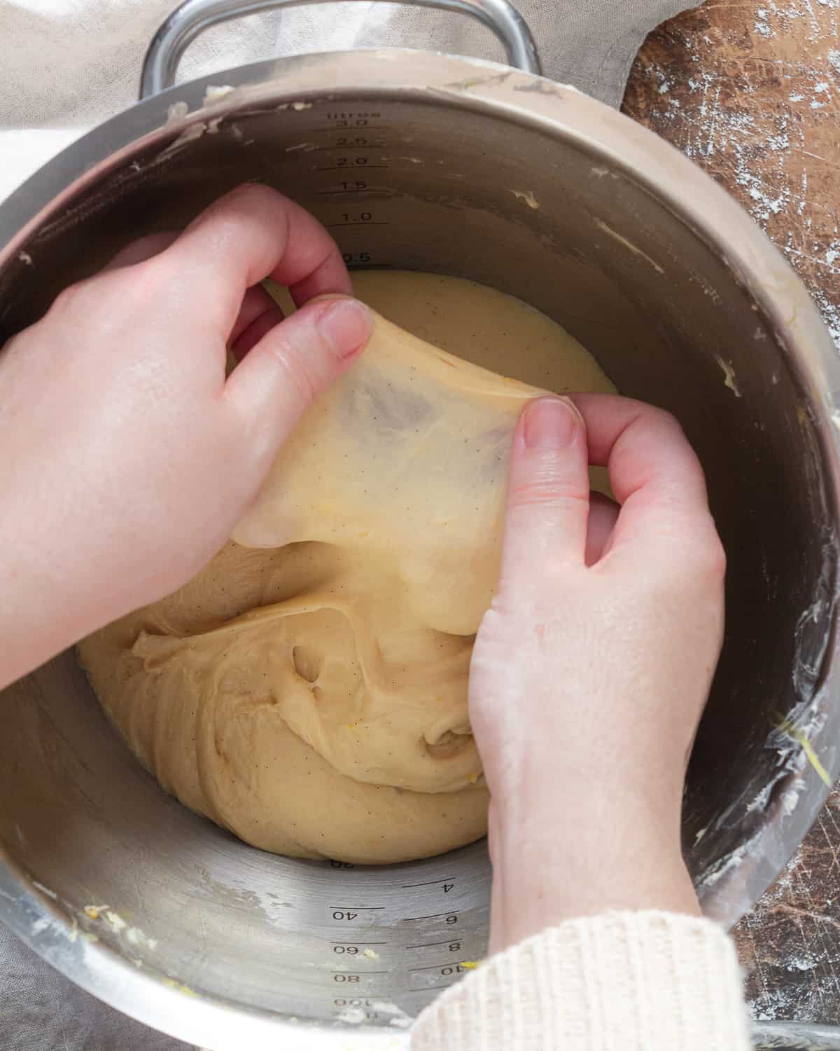 windowpane test dough for the Italian Christmas cake