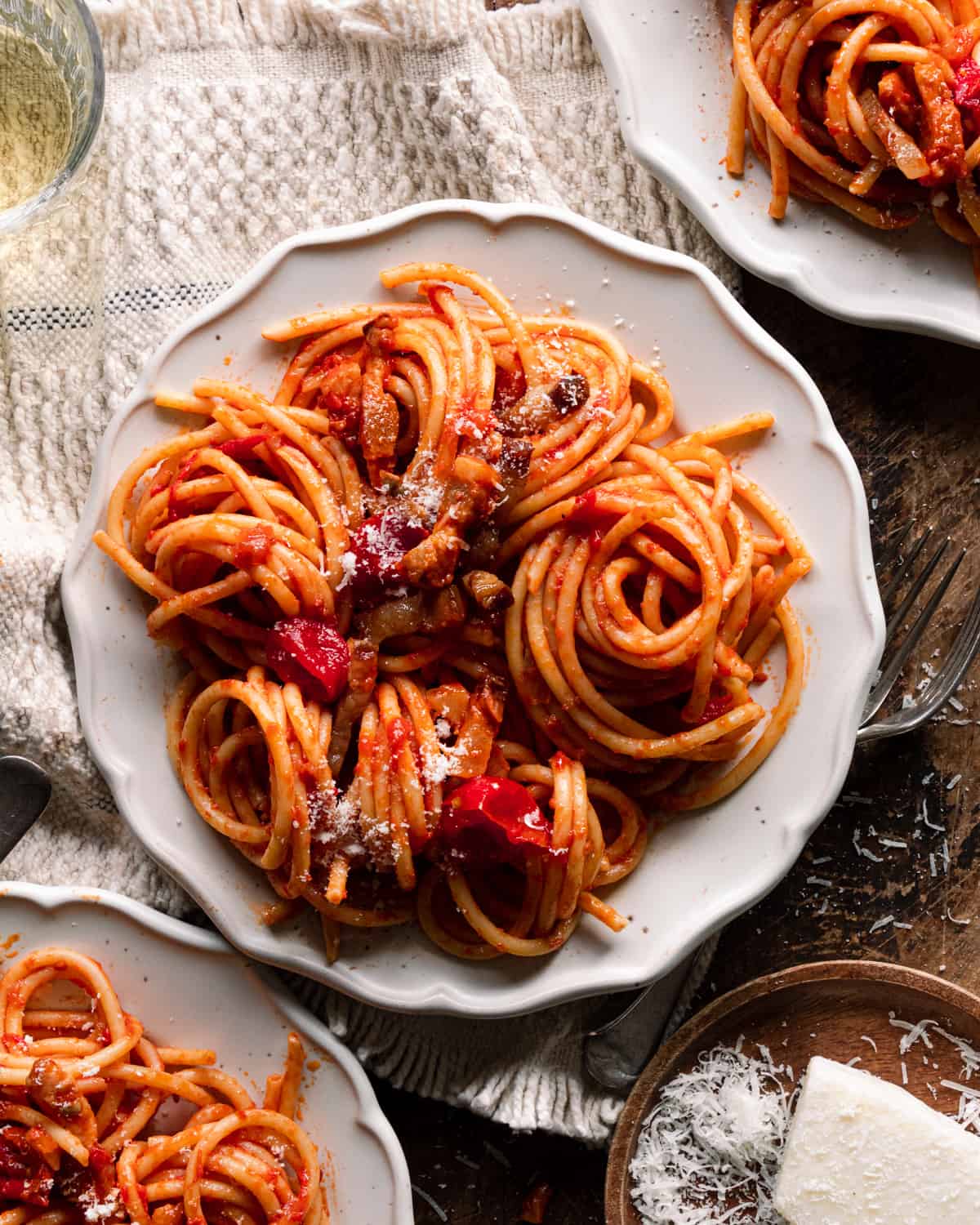 Pasta with authentic amatriciana recipe on a plate 