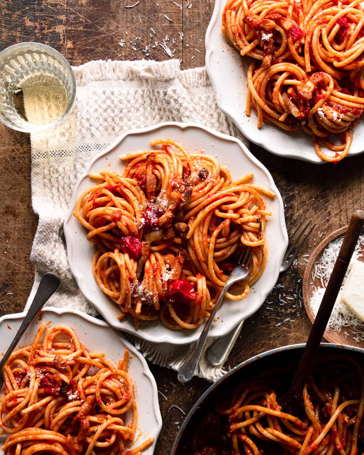 Pasta with authentic amatriciana recipe served on plates 