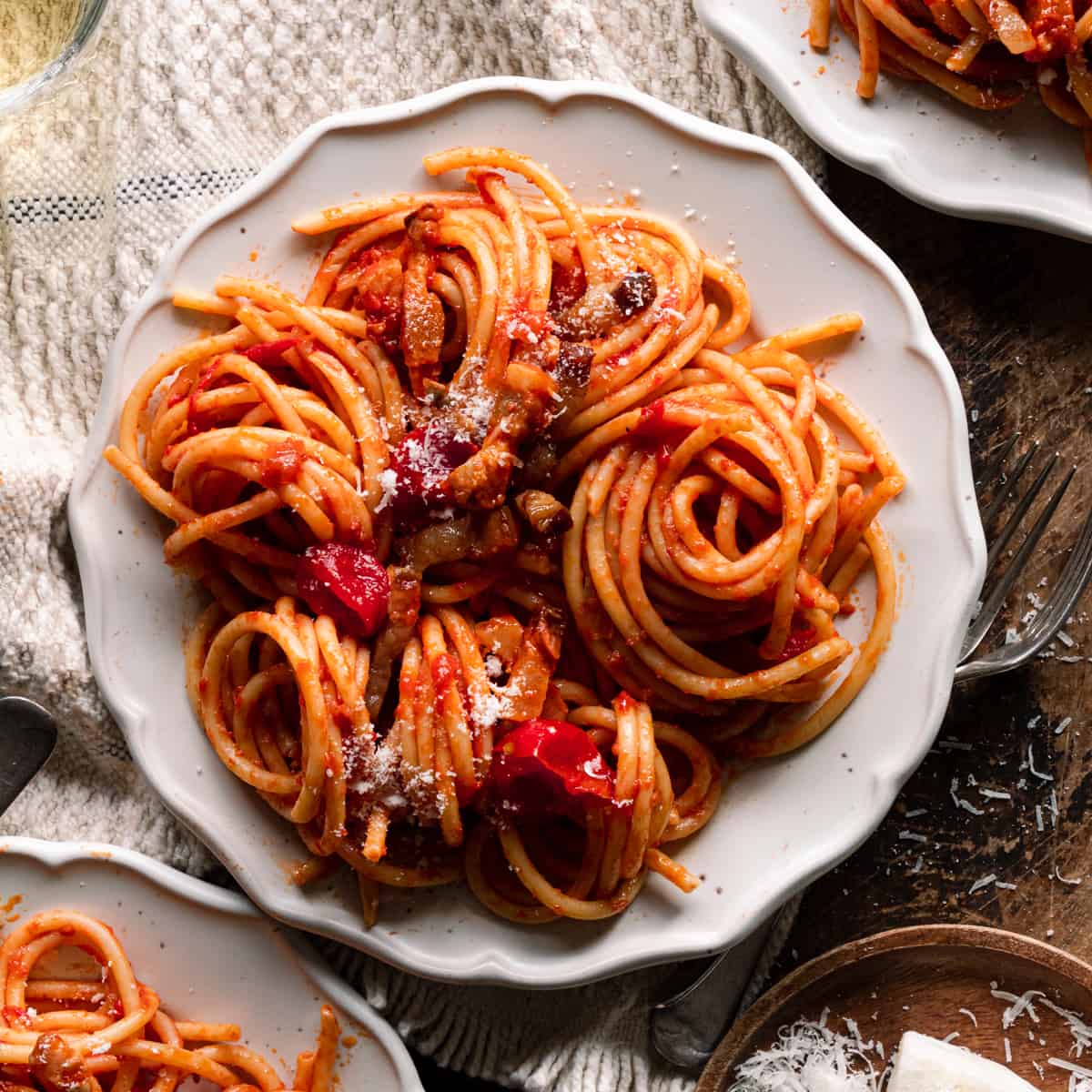 Amatricina pasta on a plate