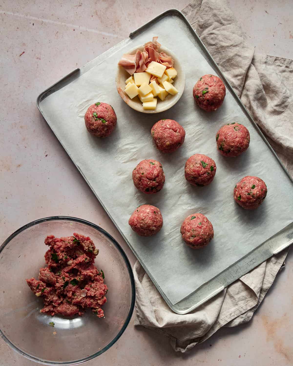 Shaped meatballs on a tray 