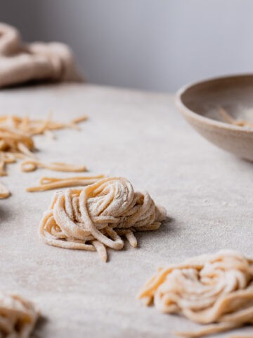 Close up of Tonnarelli pasta nest on a backdrop with flour on top