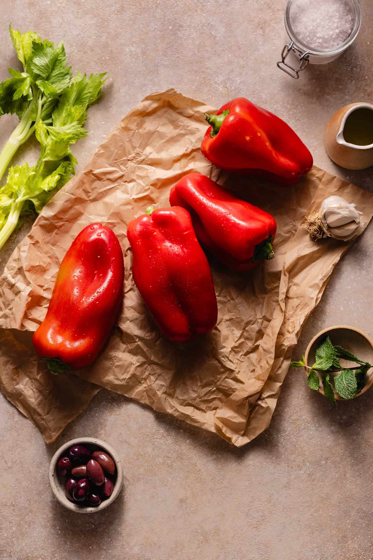 Ingredients placed on a brown table.
