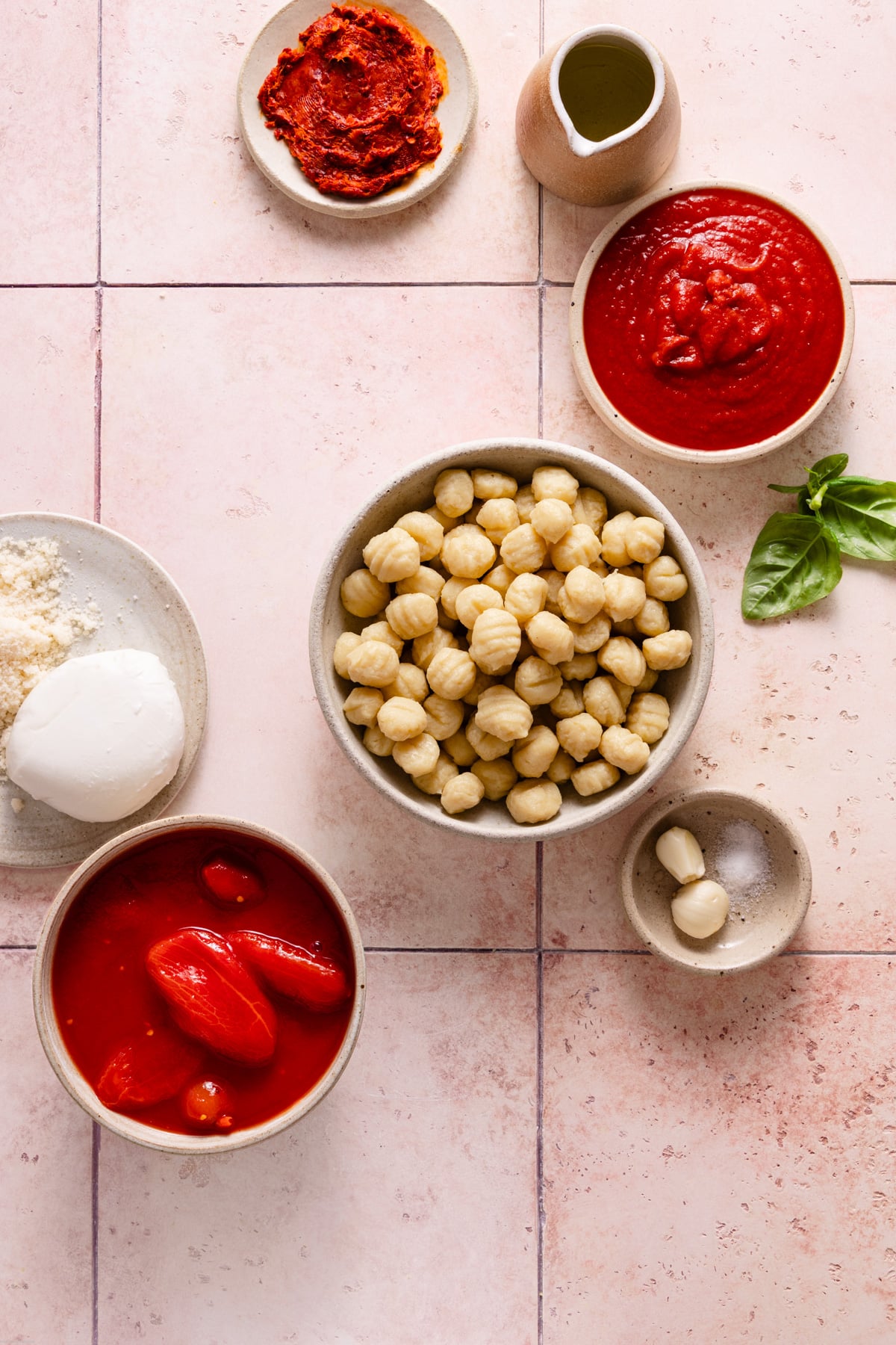 ingredients used to make gnocchi on different bowls